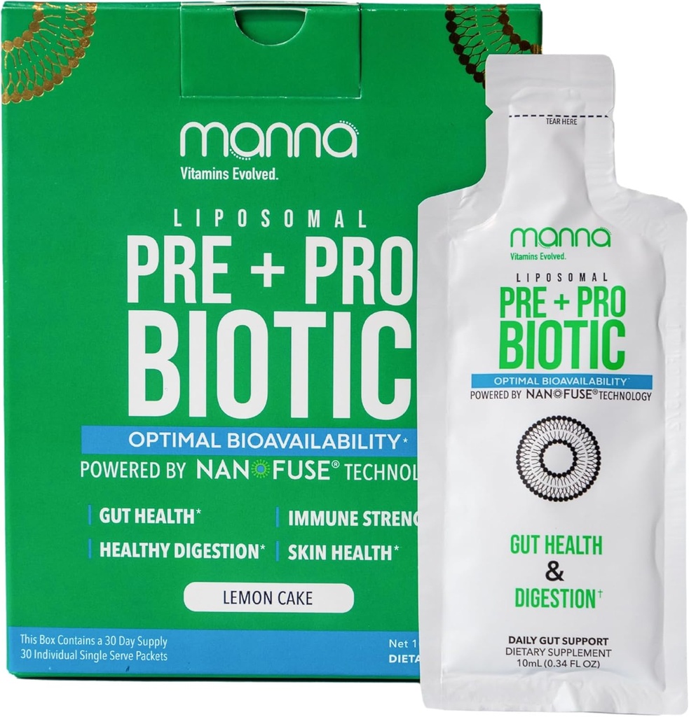 Vitaminas Manna Evolución de Prebiótico Liposómico + Packets Probiótico – 40 Billones CFU, 8 Strains – Gut, Digestivo, Apoyo Inmunitario – Alta Absorción, Estante-Estable, Suplemento diario, 30 Únicas