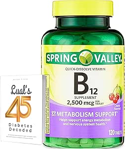 Spring Valley Vitamin B12 Quick-Dissolve Tablets Dietary Supplement | Vitamin B12 2500 mcg | B Vitamins | Vitamin B12 Complex for Women and Men | 120 Tablets Bundle with Lual's 45 Diabetes Decoded