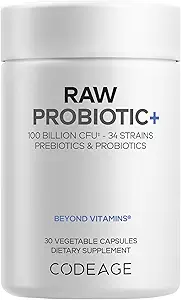 Codeage Raw Probiotic+ Supplement - 34 Probiotic Strains, 100 Billion CFUs, Raw Whole Food Probiotics, Digestive Enzymes, Raw Fruits & Veggies Prebiotics - Wild Kefir Culture - Non-GMO - 30 Capsules