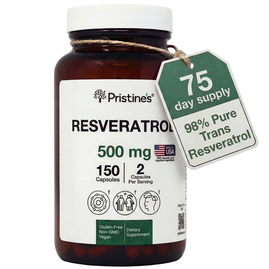 Resveratrol de PRISTINE 500MG 75 Day Supply Antioxidant &amp; Heart Health Supplement Capsules - Brain &amp; Lung Health Benefits