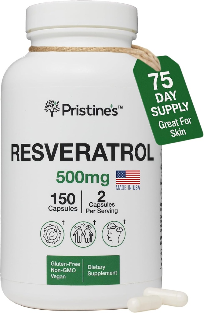 Resveratrol de PRISTINE 500MG 75 Day Supply Antioxidant &amp; Heart Health Supplement Capsules - Brain &amp; Lung Health Benefits