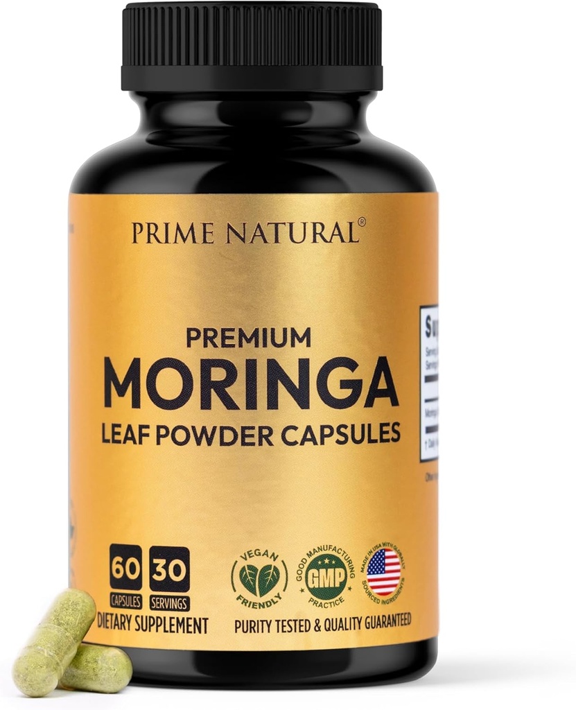 Moringa Powder Capsules - Pure Moringa Powder, Energía, Esquí, Inmune &amp; Gut Health Superfood, Rico en Antioxidantes, Vitaminas Esenciales &amp; Aminoácidos, Natural Green Superfood Suplemento - 60 Conde