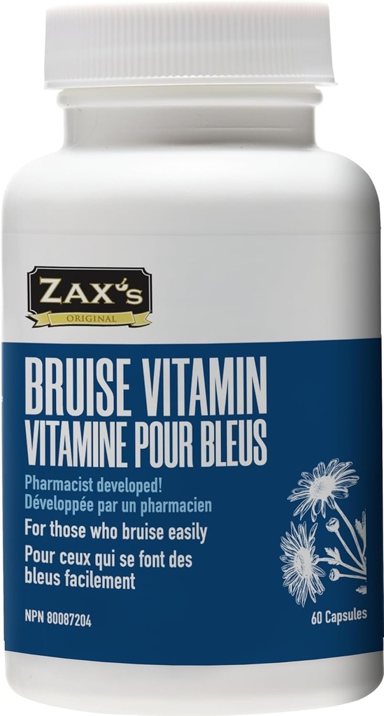 ZAX'S Bruise Vitamin Pharmacist Desarrolló Suplementos Bruising Potent Bruising Swelling Reducer, Zinc, Vitamin K, D3, Ascorbic Acid, Citrus Bioflavonoids, 60 Caps, Combine Arnica Bruise Cream