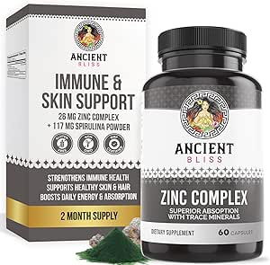 Zinc Complex Capsules with Enhanced Absorption, Antioxidant & Immune Support Supplement, Zinc Supplement for Men &amp; Women by Ancient Bliss (60 Capsules)