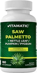 Vitamatic Saw Palmetto Extract for Men &amp; Women 180 Veg Capsules - Hecho con Pumpkin Seed, Pygeum, Nettle Leaf - Hecho en EE.UU. - Promociona la función saludable de la próstata