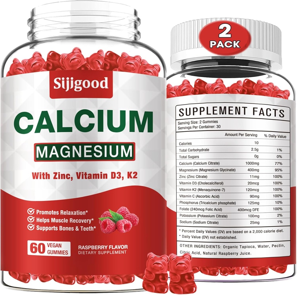 2 Pack Calcio Magnesio Zinc Gummies con Vitamin C D3 K2, Calcio Gummies para Bone, Muscle, Calm &amp; Zzz Support, Alta Absorción Fórmula con Magnesio Zinc Potasio, Raspberry Flavored 120 Cts