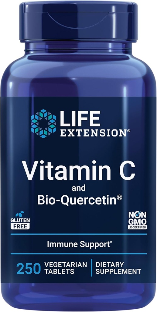Extensión de la vida Vitamina C y Bio-Quercetin®, Suplemento Cardiovascular de Salud, Apoyo Inmunitario, Alta absorción, quercetina, Vitamina C, Gluten Gratis, No GMO, Vegetariano, 250 Tabletas