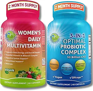 Multivitamina de apoyo Probiótico de mujeres Bundle – Probiótico de 3 en-1 con Enzimas Digestivas " Prebiótico " Mujeres Multivitamina diaria con hierro – Vegano, No GMO, Clean Daily Wellness Support