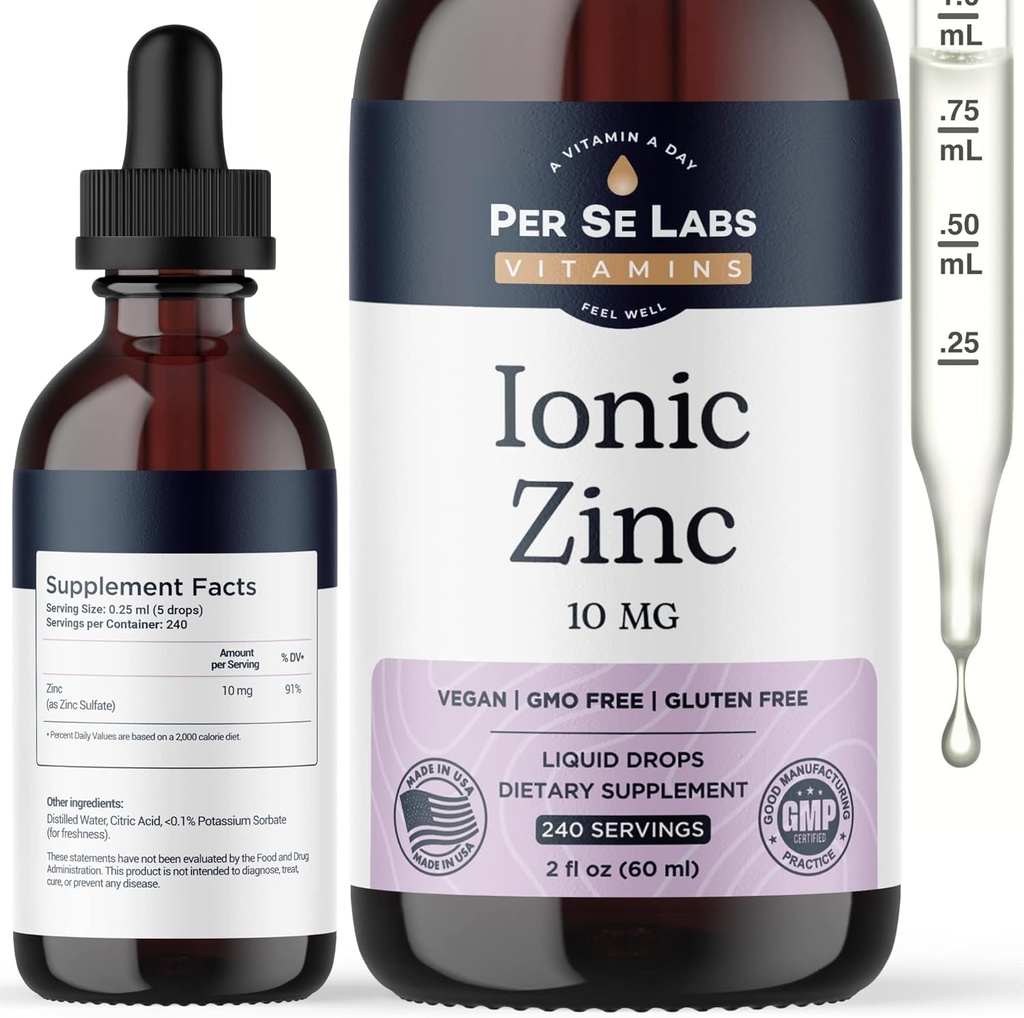 Per Se Labs Ionic Zinc Liquid - 10 mg Absorción alta 240 Serviciones Zinc líquido gotas para adultos - Soporte inmunitario Cuidado de la piel Suplementos Zinc - Vegan Zinc Sulfato Antioxidante Suplemento dietético - 2 Oz