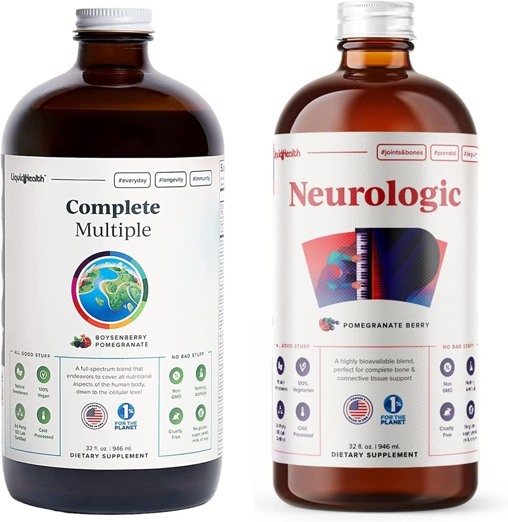 LIQUIDHEALTH Complete Multiple Daily Multivitamin &amp; Neurologic Nootropic Liquid Vitamin Bundle for Adults - Boost Immune Support, Improve Memory, Focus " Concentration - Vegan, Non-GMO, Made in USA