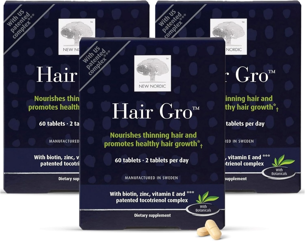 NUEVA GRUPO NORDIC de cabello, Suplemento de crecimiento del cabello, Biotin &amp; Palm Fruit Extract Tocotrienols for Natural Regrowth, 60 Conde (Pack of 3)