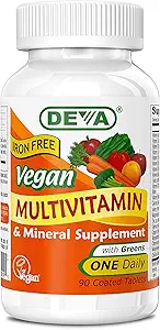 DEVA Suplemento Multivitamina y Mineral vegano - Una fórmula de vitamina diaria con verdes - Iron Gratis - 90 tabletas caladas, 1-Pack