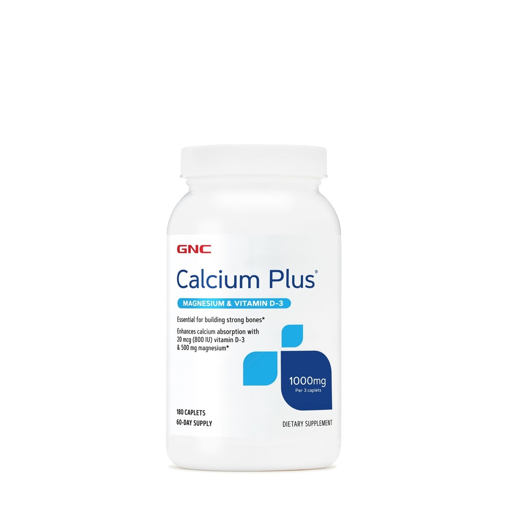 GNC Calcio Plus Magnesio & Vitamina D-3 1000mg, Esencial para la construcción de huesos fuertes, 180 Con