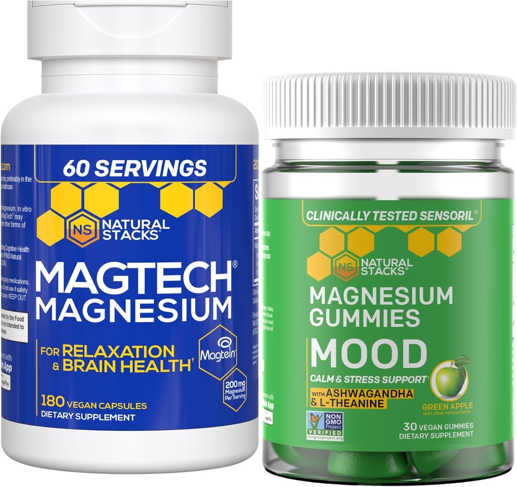 Natural Stacks Magtech Magnesium + Mood Magnesium Gummies Bundle - 4 Formas de Magnesio - Relajación, Salud Cerebro y Estrés Soporte* - 210 Cantidad Total