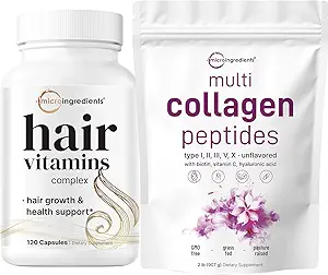 Micro Ingredientes Multi Collagen Protein Powder 2 libras " Hair Vitamins Complex Capsules Bundle Pack ← Peptides colágeno de gran tamaño  14-in-1 Advanced Hair Growth Support