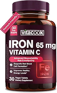 Iron Supplement for Women Men | High Potency Iron 65mg with Vitamin C 250mg | Stomach Friendly Iron Pills for Red Blood Cell & Immune Support | Vegan, Non-GMO & Gluten Free | 30 Tabs
