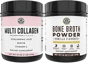 Desempeño de la Costa Izquierda Vainilla Bone Broth y Multi Collagen Powder para Conjunto, Cabello, Esquí y Nails Soporte