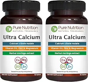 Pure Nutrition Ultra Calcium 1000mg with VIT D3 + K2 | 180 Tabs (90 X Pack of 2) | Highly absorbable Calcium Supplement with Calcium Citrate Malate, VIT D3, K2, Moringa Oleifera, Magnesium and Zinc.
