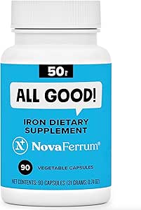NovaFerrum All Good Silencio Capsule Suplementos para Adultos Silencio Anemia  50mg of Iron Silencio 90 Sirve para Sugar Gratis Silencio Vegan ← Gluten Gratis
