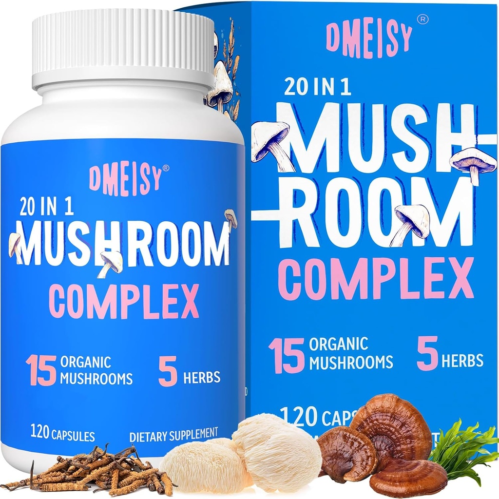 Mushroom Supplement 2600mg, 20-in-1 Mushroom Complex, with Lions Mane, Cordyceps, Reishi, Turquía Tail, Chaga - Brain Supplements for Memory and Focus, Memory Supplements, Mood, Immunity, 120 Capsule