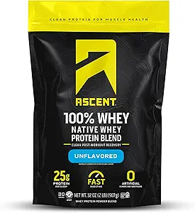 Ascent 100% Whey Protein Powder - Post Workout Whey Protein Isolate, Zero Artificial Flavors &amp; Sweeteners, Gluten Free, 5.5g BCAA, 2.6g Leucine, Unflavored 2 lb