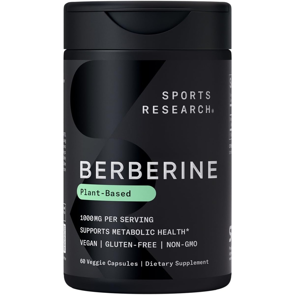 Sports Research Berberine - Herbal Ayurvedic Metabolic Health Support - 1000 mg - 60 Capsules - Vegan Certified, Gluten-Free, Non-GMO