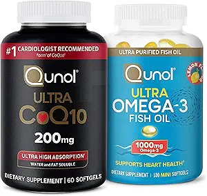 Qunol Ultra CoQ10 200mg Softgels - Ultra Alta Absorción Coenzima Q10 Suplemento - 2 Mes Fuente - 60 Conde + Fish Oil Omega 3 Mini Softgels, 1000mg Omega 3 EPA + DHA, 3 Mes Fuente, 180 Conde