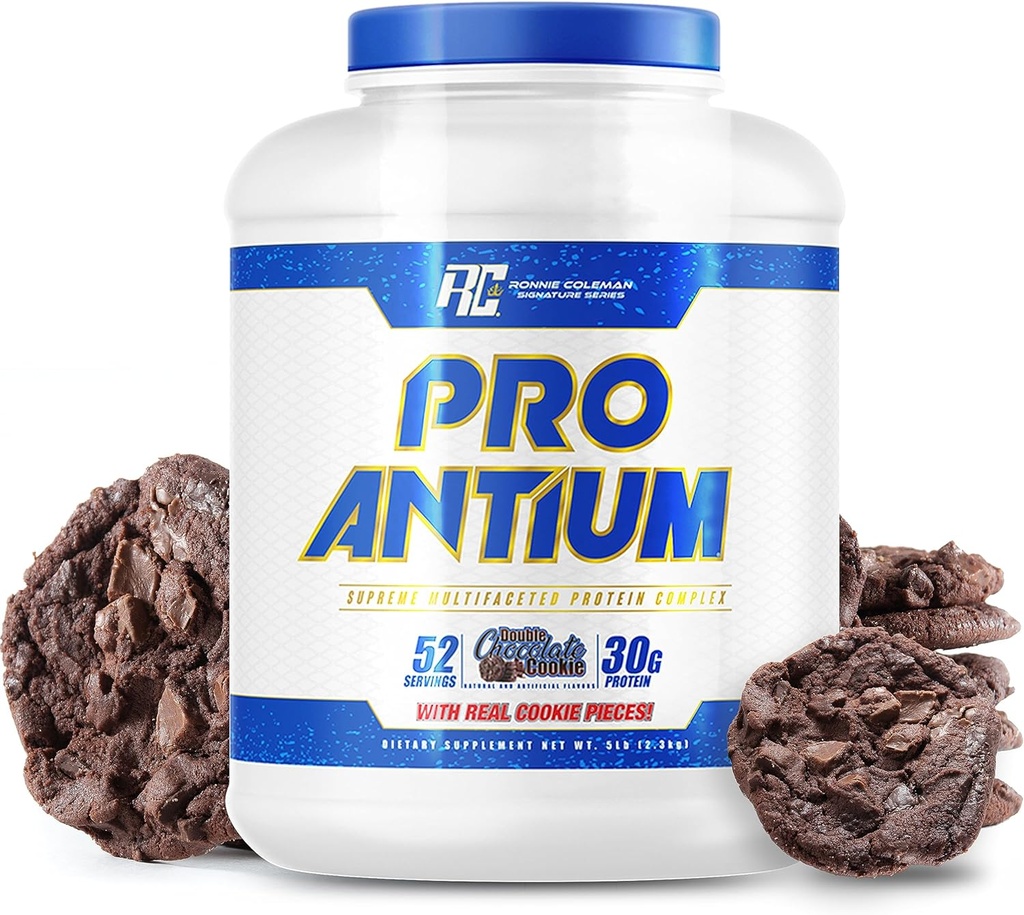 Ronnie Coleman Signature Series Pro-Antium Whey Protein Powder con BCAA y EAA, Creatina para la recuperación y Lean Muscle Support, 30g Protein Por Serving, Double Chocolate Cookie, 5 Lb