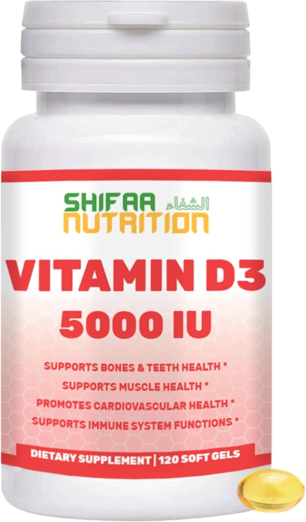 SHIFAA NUTRITION Halal Vitamin D, Halal Vitamin D3, 5000 IU Softgels, 120 Servings. Non-GMO, Gluten-Free, Supports: Structure, Bones, Teeth, Heart, Muscle & Immune Functions