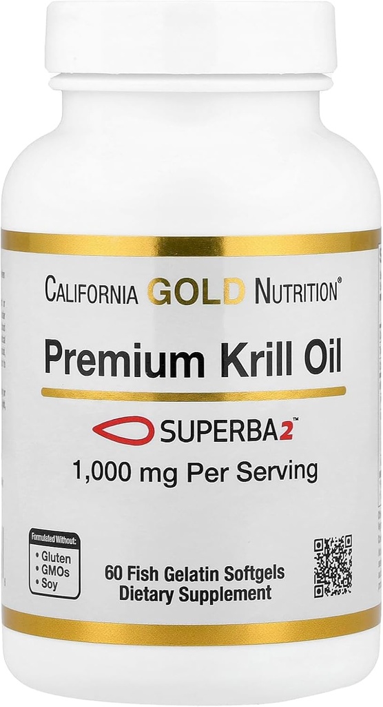California Gold Nutrition Premium Krill Oil with Superba2 Bioavailable Omega-3s from Antarctic Krill - Heart & Brain Health Support - Gluten Free, Non-GMO - 1000 mg - 60 Fish Gelatin Softgels