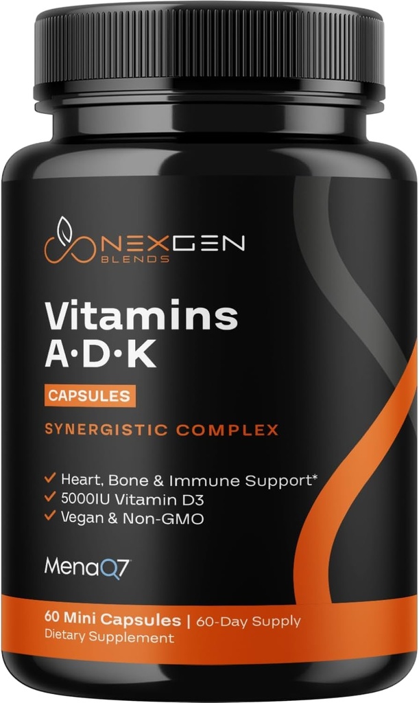 High Absorption ADK Vitamin Supplement - Vegan Vitamin D3 K2 MK7 &amp; A for Calcium Regulation Plus Bone Heart Thyroid &amp; Immune Support - Vitamina ADK con 5000IU D3 Non GMO & Gluten Free (2 meses)