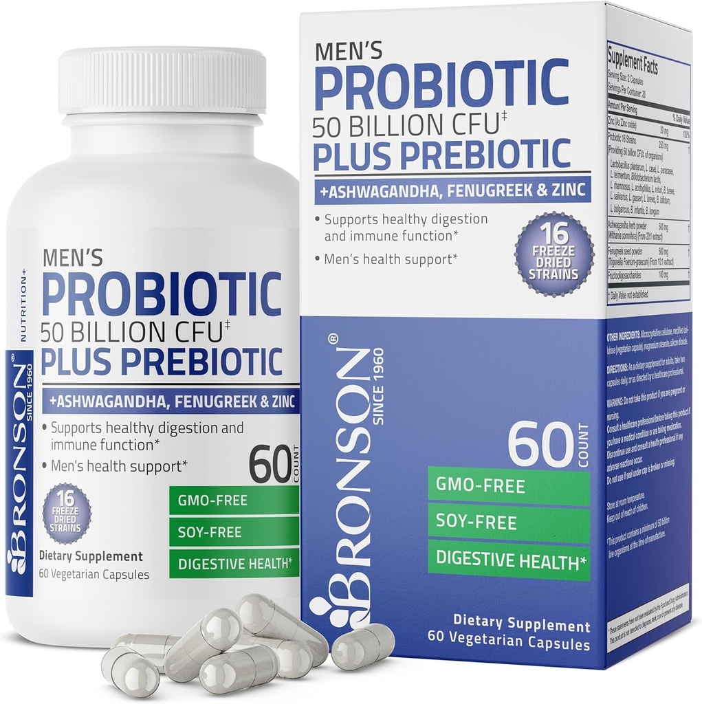 Bronson Hombre Probiótico 50 billón CFU Plus Prebiótico con Ashwagandha, Fenugreek " Zinc, soporta la digestión saludable " Función inmunitaria No GMO, 60 cápsulas vegetarianas