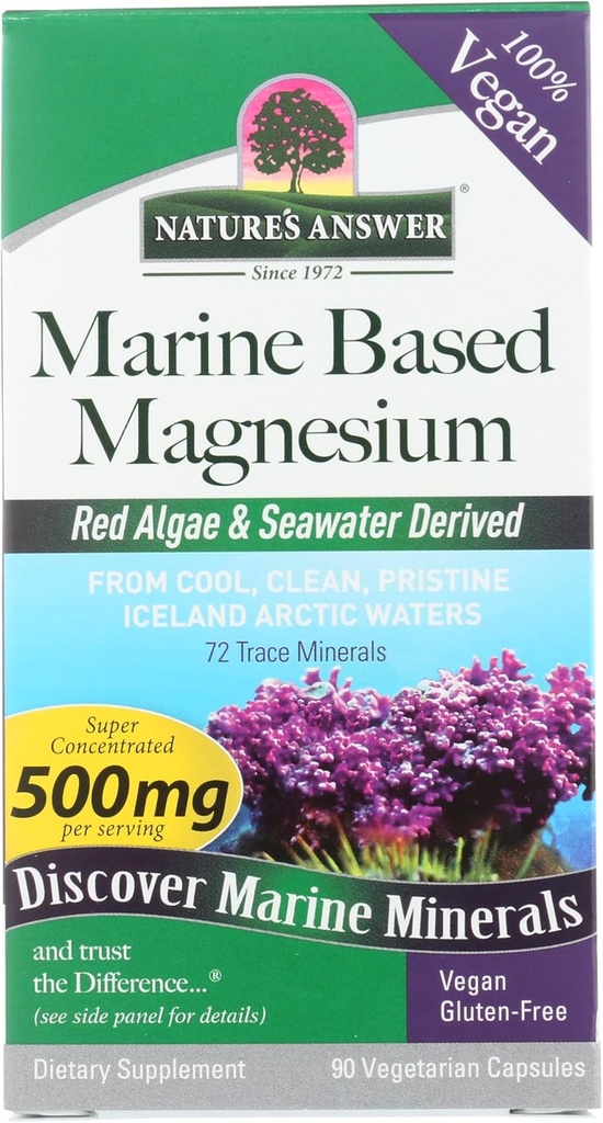Respuesta de la naturaleza Magnesio marino, Super Concentrado 500mg Silencio Planta Basado Silencio Red Algae &amp; Seawater Derived ¦ Alcohol-Free &amp; Gluten-Free ← Vegetarian Capsules 90ct
