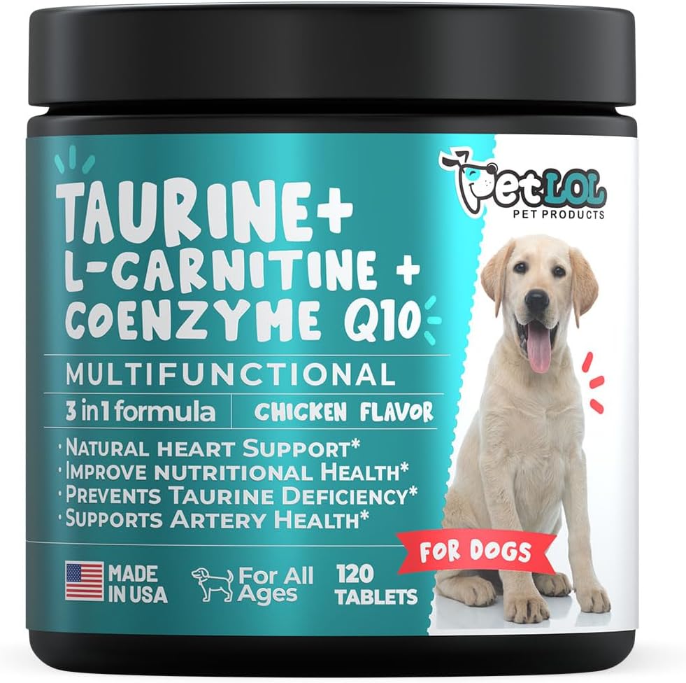 Suplemento de Taurina para Perros con L-Carnitina y Coenzima Q10 (CoQ10): Vet Endorado para el Corazón Agrandado (DCM), insuficiencia cardíaca congestiva, deficiencia de Taurina: 3-en-1  Suplementos de perros- 120ct