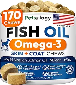 Omega 3 Fish Oil for Dogs - 170 Chews - Omega 3 for Dogs Itchy Skin & Allergy Relief - Skin & Coat Supplement - EPA & DHA Fatty Acids - Dog Anti Shedding & Hot Spot Treatment - Salmon Oil
