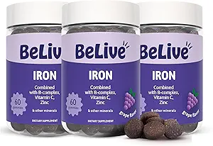 BeLive Iron Gummies - Suplemento multivitamínico con vitamina C, A, B & Zinc, apoya el oxígeno de la sangre, suplementos veganos para mujeres, hombres y niños para el crecimiento y el desarrollo - Grape Flavor  3-Pack