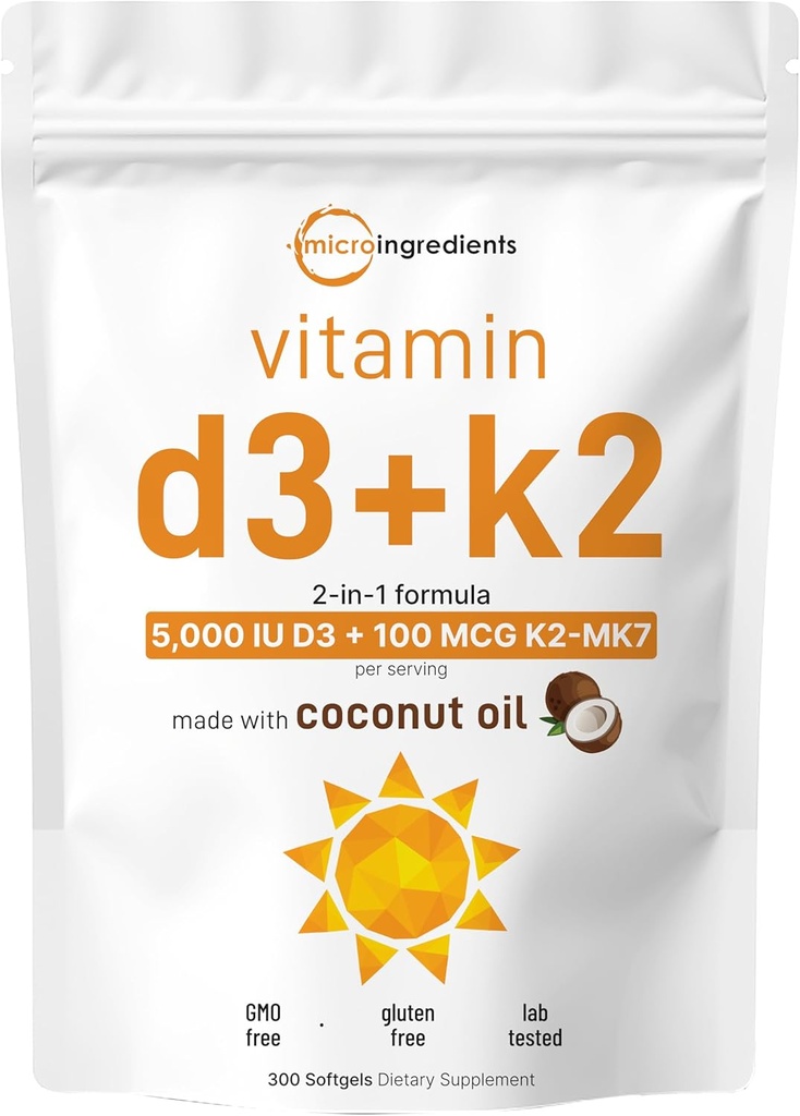 Micro Ingredientes Vitamina D3 5,000 UI + K2 MK-7 100 mcg, 300 Softgels viv Virgin Coconut Oil TEN 2-in-1 Bone, Immune & Heart Support TEN Easy to Swallow, Non-GMO