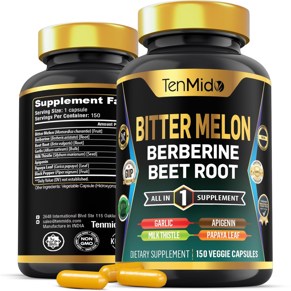 Bitter Melon Capsules - 8in1 Fórmula - Combina con Berberine, Beet Root, Ajo, Milk Thistle, Apigenin, Papaya Leaf, y Black Pepper - 150 cápsulas Vegan para 5 meses de suministro