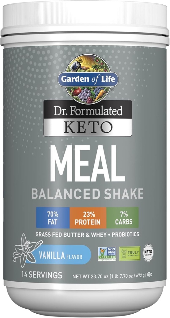 Jardín de la vida Dr. Keto moldeado Keto Meal Balanced Shake - Vainilla Powder, 14 Servings, Truly Grass Fed Butter & Whey Protein plus Probiotics, Non-GMO, Gluten Free, Ketogenic, Paleo Meal Replacement