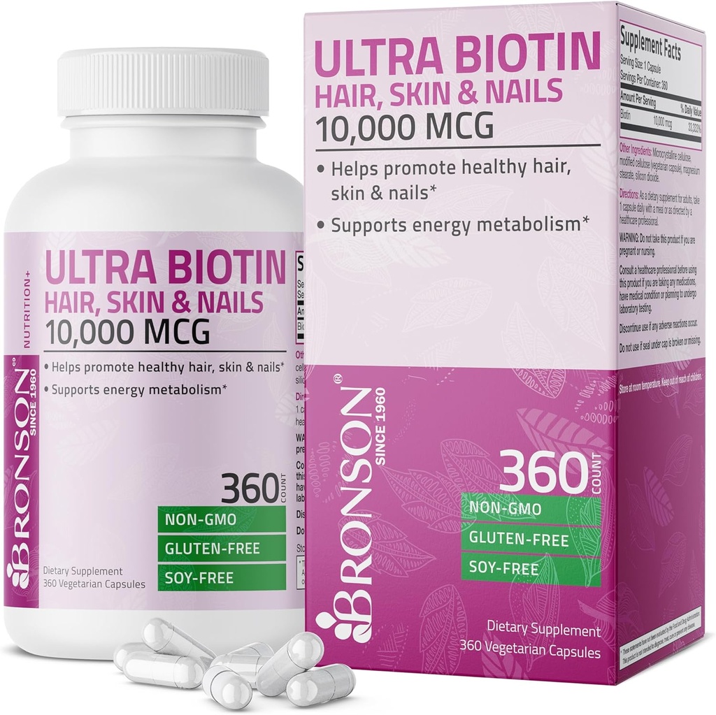 Bronson Ultra Biotin 10,000 Mcg Hair Skin and Nails Suplemento, Non-GMO, 360 Vegetarian Capsule