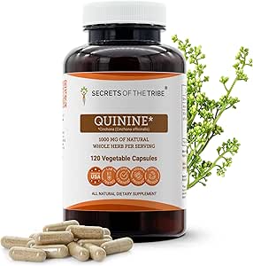 Secretos de la Tribe Quinine Capsules 1000 mg Quinina silvestre (Cinchona officinalis) Barco seco, Suplemento de apoyo a los calambres de las piernas (120 cápsulas)