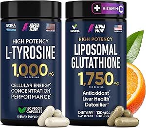 (Bundle) L Tyrosine 1000mg " Liposomal Glutathione 1750mg - All-Natural Focus, Energy, and Liver Support - Non-GMO, Gluten-Free, Vegan - 270 cápsulas Total