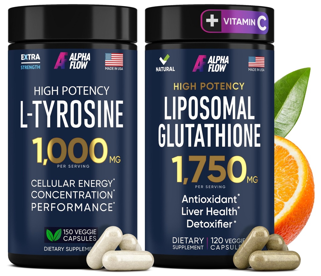 (Bundle) L Tyrosine 1000mg " Liposomal Glutathione 1750mg - All-Natural Focus, Energy, and Liver Support - Non-GMO, Gluten-Free, Vegan - 270 cápsulas Total