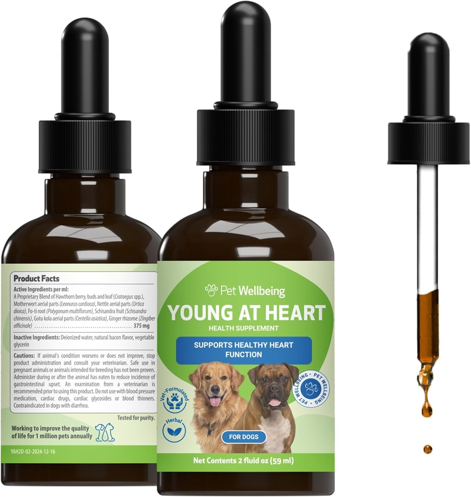 Bienestar de mascotas Jóvenes en el corazón para perros - Salud del corazón, Sistema circulatorio " Cardiovascular, Hawthorn, Motherwort, Schisandra - Veterinario-Formulado Herbal Suplemento 2 fl oz (59 ml)
