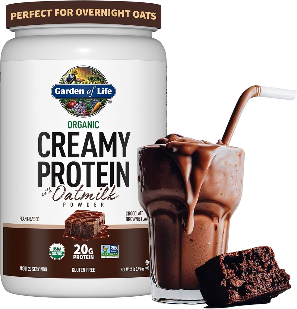 Jardín de la Vida Creamy Pólvora de Proteína orgánica vegana + OatMilk, 20g Proteína de base vegetal completa, Agua de coco, MCT, Uvas germinadas, Prebióticos, Probióticos – Libre de gluten, Brownie de chocolate, 2 LBS
