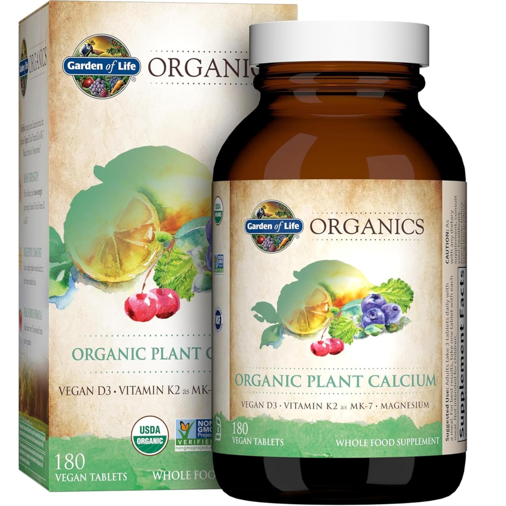 Jardín de la Vida Suplemento de calcio con Magnesio &amp; Vitamina Orgánica D3 K2, Fabricado con Alimentos completos, Libre de gluten, 180 Cuenta
