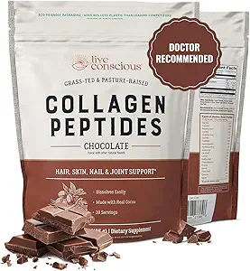 Live Conscious Collagen Peptides Powder - Chocolate Collagen Powder - Hair, Skin, Nail, and Joint Support - Type I & III Grass-Fed Collagen Supplements for Women and Men - 30 Servings - 15oz