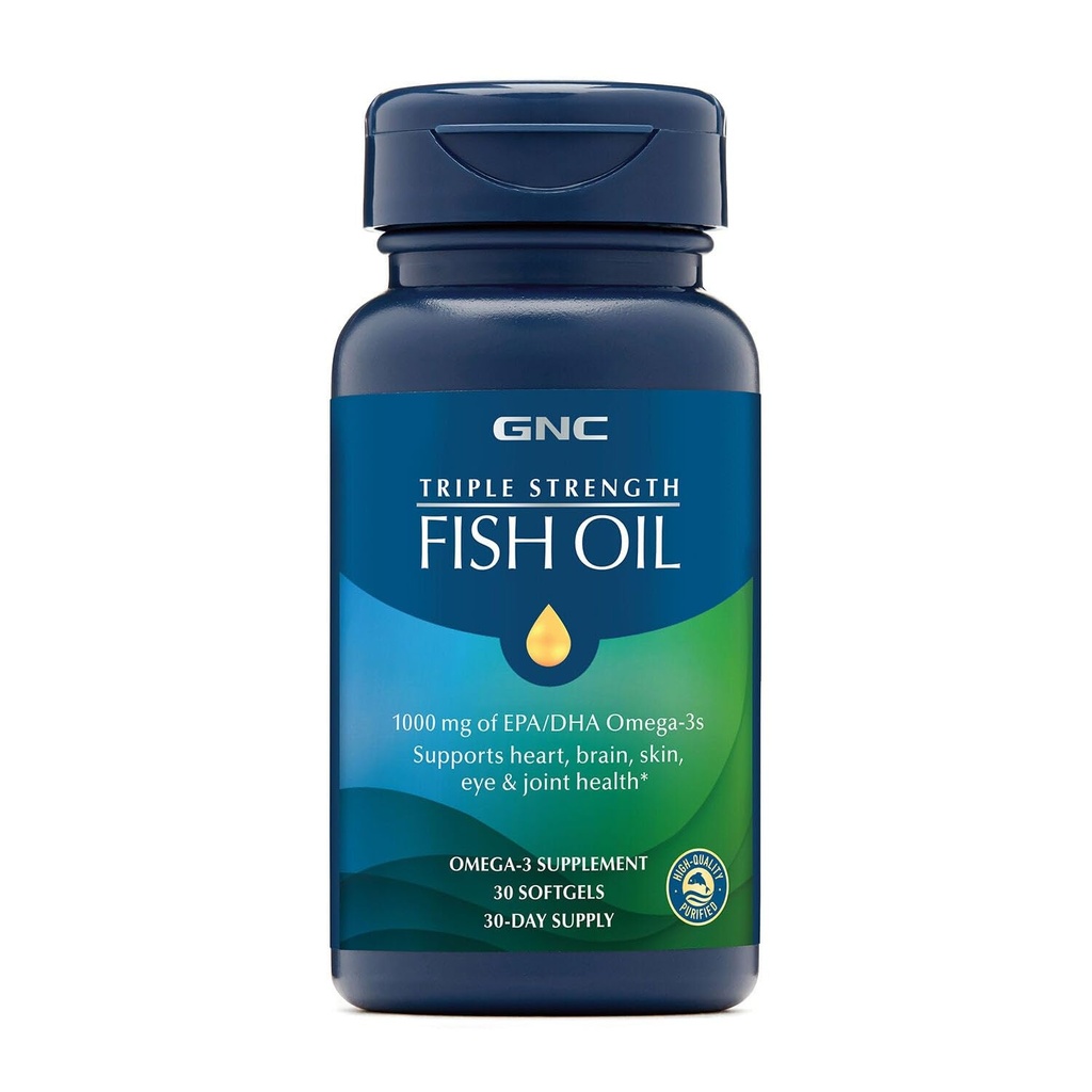 GNC Triple Strength Fish Oil Omega 3 Supplement, 1000mg EPA and DHA, Supports Heart, Brain, Skin, Eye and Joint Health, 30 Softgels