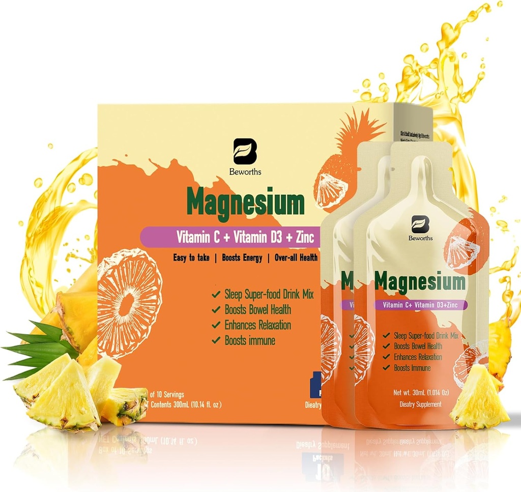 Citrate de magnesio Suplemento líquido, con bromelaina, vitamina C, D3, B6, zinc, alta absorción Citrate Solución Oral, Magnesio para el estreñimiento, Zzz &amp; Energy, Pineapple, 10 Fl Oz