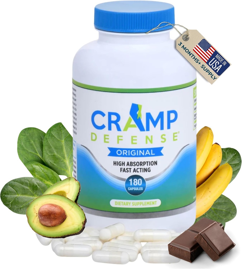 Cramp Defense® for Leg Cramps &amp; Muscle Cramps Relief (During The Day & at Night). Suplemento de magnesio hecho en EE.UU. 3-6 Mes de suministro por botella. Contiene Truemag® para Max Absorption. 1+ millones de soldados.